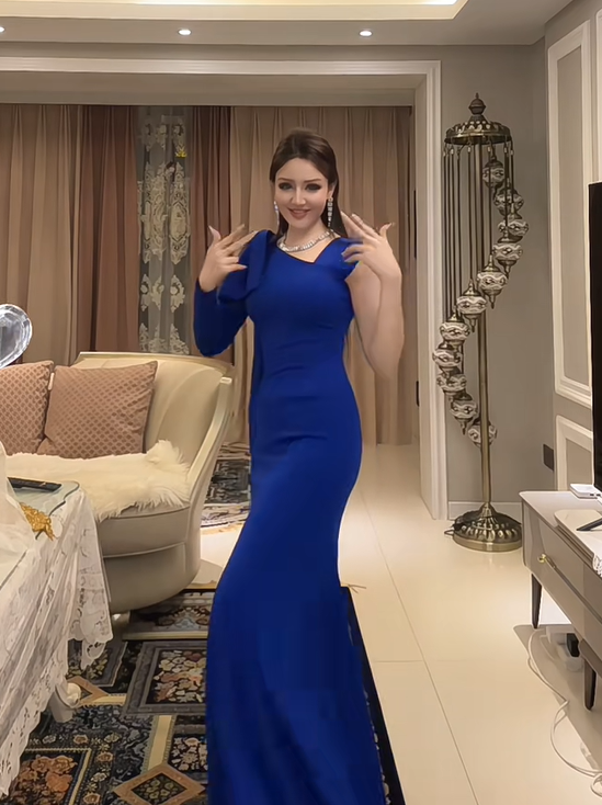 Regal Royal Blue Asymmetric One-Shoulder Long Sleeve Mermaid Long Prom Dress With Bow Shoulder Detail AD928