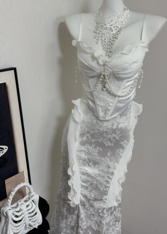 Regal White Spaghetti Straps Lace Satin Corset Mermaid Long Prom Dress With Pearl Chain Detail And Ruffled Trim AD932