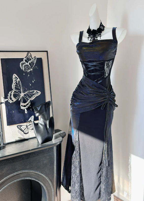 Enchanting Iridescent Black Mermaid Lace Side Panels Long Prom Dress With Asymmetric Ruched Skirt And Black Lace Shrug AD938