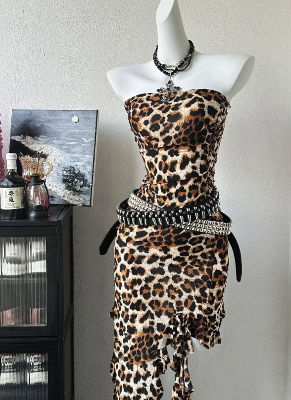 Edgy Leopard Print Strapless Mermaid Long Prom Dress With Asymmetric Ruffle Hem AD939