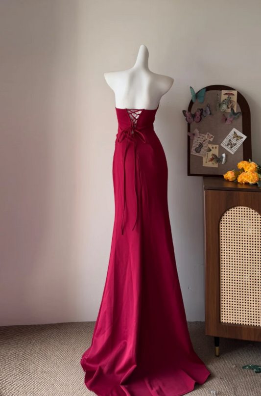 Regal Burgundy Strapless Corset Bodice Mermaid Long Prom Dress With High Slit AD944