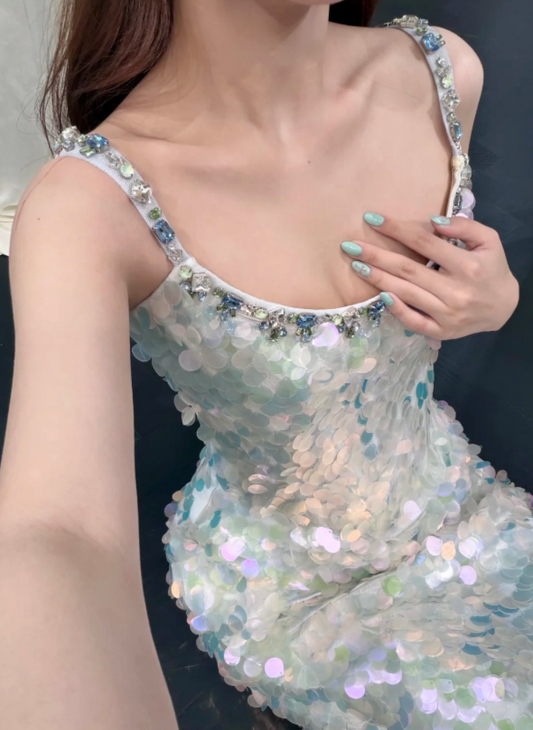 Whimsical Iridescent Sequin Mermaid Long Prom Dress With Beaded Straps And Sweep Train AD947