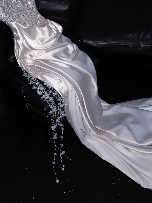 Regal White Strapless Satin Mermaid Long Wedding Dress With Beaded Bodice And Chapel Train AE104