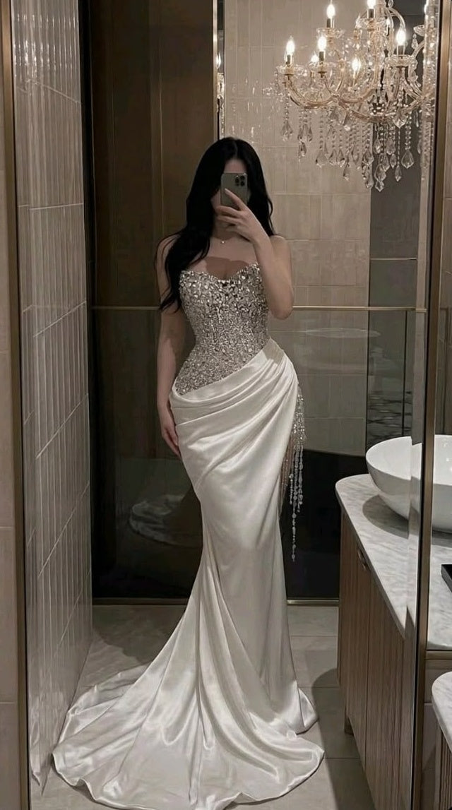 Regal White Strapless Satin Mermaid Long Wedding Dress With Beaded Bodice And Chapel Train AE104