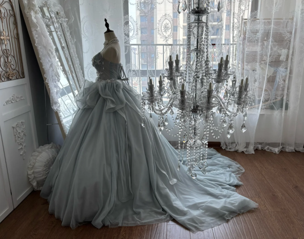 Serene Dusty Blue Sweetheart Neck Ball Gown Prom Dress With Side 3D Floral Lace Corset Bodice And Cascading Ruffle Organza Chapel Train AD960