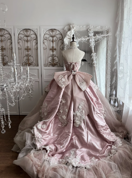 Vintage Dusty Pink Strapless Ball Gown Prom Dress With Satin Corset Bodice,White 3D Floral Appliqué And Tulle Chapel Train AD962