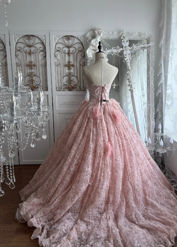 Soft Blush Pink Strapless Ball Gown Prom Dress With Floral Tube Neck,Satin Corset Bodice,Glitter Lace Skirt Oversized 3D Rose And Chapel Train AD965