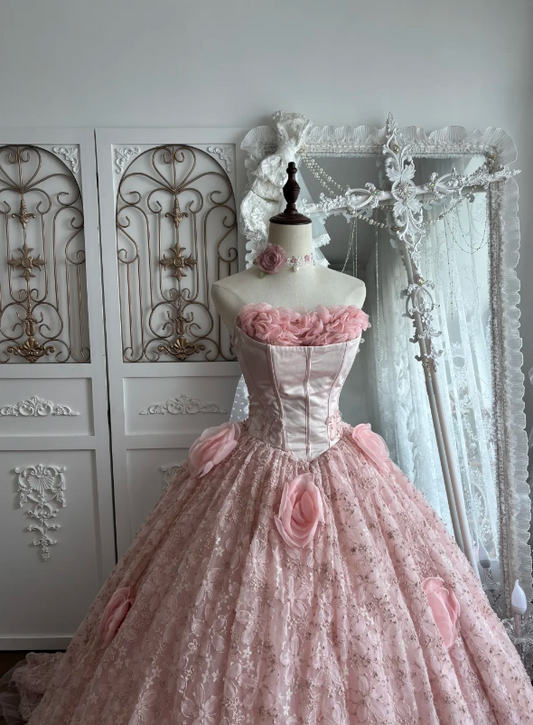 Soft Blush Pink Strapless Ball Gown Prom Dress With Floral Tube Neck,Satin Corset Bodice,Glitter Lace Skirt Oversized 3D Rose And Chapel Train AD965