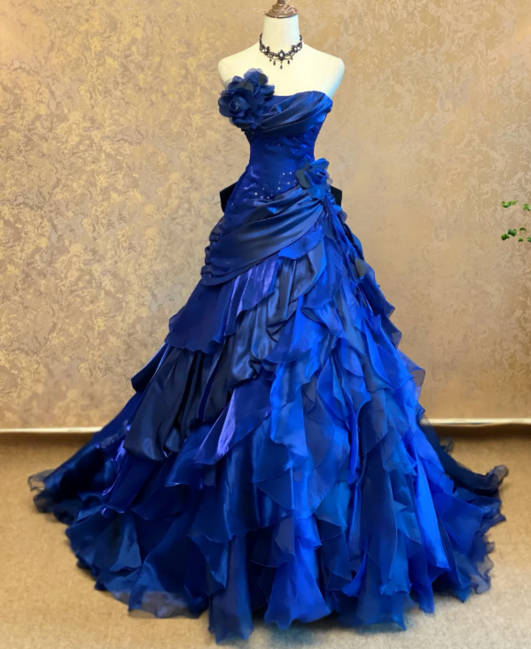 Regal Royal Blue Strapless A Line Prom Dress Oversized 3D Rose Appliqué,Asymmetrical Tiered Ruffle Organza And Sweep Train AD966