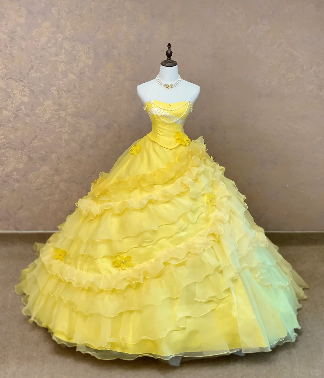 Sunny Bright Yellow Strapless Ball Gown Prom Dress With Pearl Chain And Spiral Multi-Tier Ruffle Organza Skirt AD969