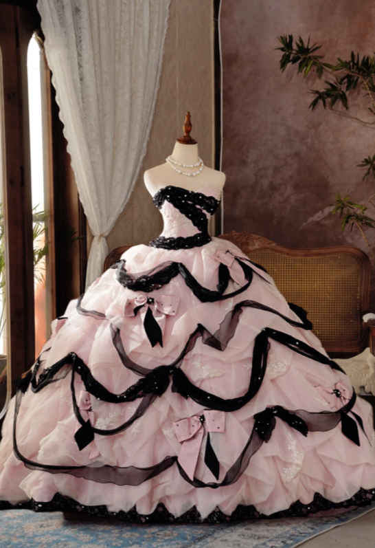 Romantic Pink Strapless Ball Gown Prom Dress With Black Beaded Lace Trim,Cascading Ruffle Organza Skirt,Two-Tone Pink Black Bow Appliqués And Chapel Train AD970