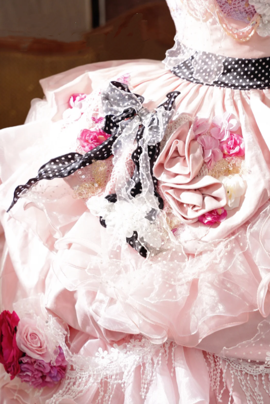 Vintage Pink Strapless Ball Gown Prom Dress With Floral Lace,3D Rose Appliqués,Black Polka Dot Sash,Ribbon Bows And Cascading Fringe Lace Organza Skirt AD971
