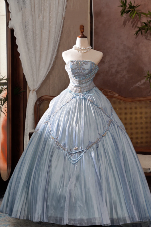 Delicate Ice Blue Strapless Pleated Tulle A Line Prom Dress With Beaded Embroidery Detail AD973