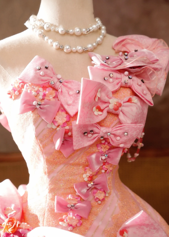 Whimsical Pink Orange One Shoulder Ball Gown Prom Dress With Multi-Tier Oversized Matching Satin Bows AD980