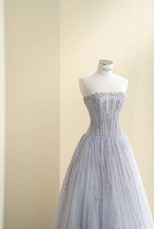 Dreamy Lavender Strapless Rhinestone Sequin Beaded Corset Bodice Tulle A-Line Long Prom Dress AD987