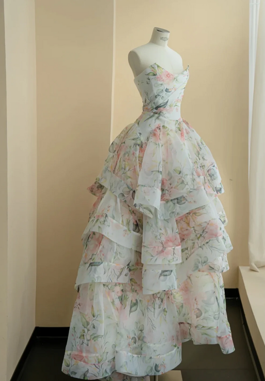 Ethereal Ivory Strapless Floral Print Multi-Layer Tiered Ruffle A-Line Long Prom Dress AD990