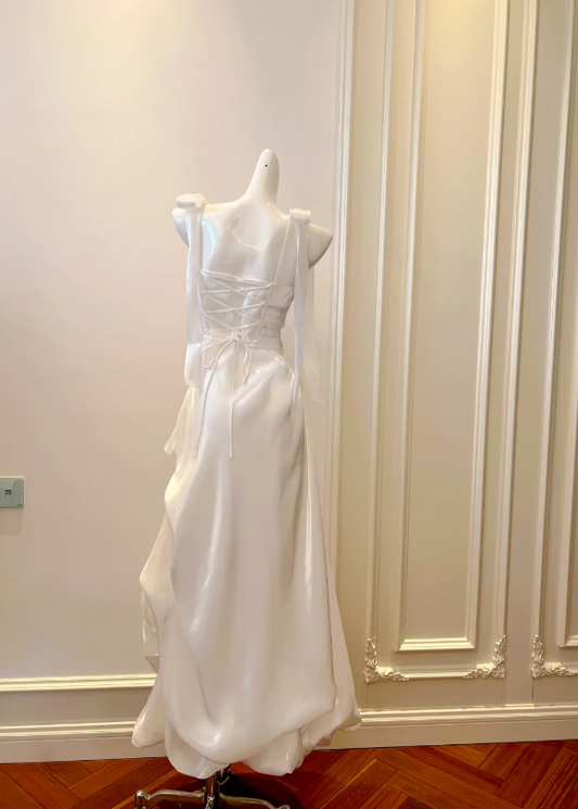Minimalist White Wide Bow Tie Straps Ruched Waist Wrap A Line Long Prom Dress AD991