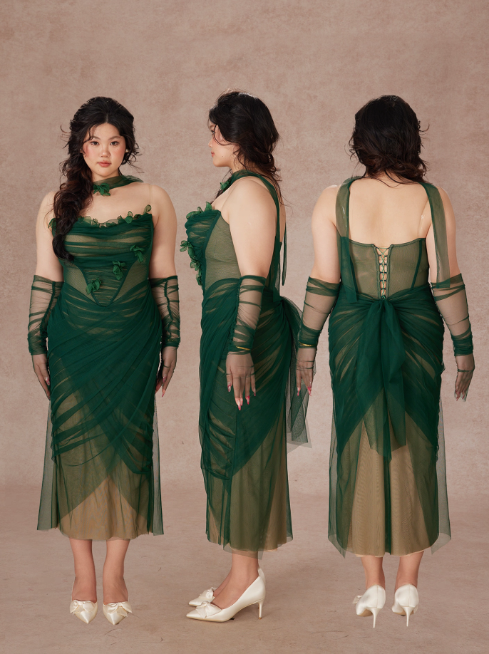 Rich Dark Emerald Green Halter Ruched Appliques Mesh Long Mermaid Prom Dress Detachable Mesh Long Sleeve AD996