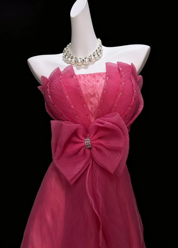 Dreamy Hot Pink Strapless Pleated Sequin Center Big Bow Multi-Layer Asymmetric Ruffle Chiffon A Line Long Prom Dress AD998