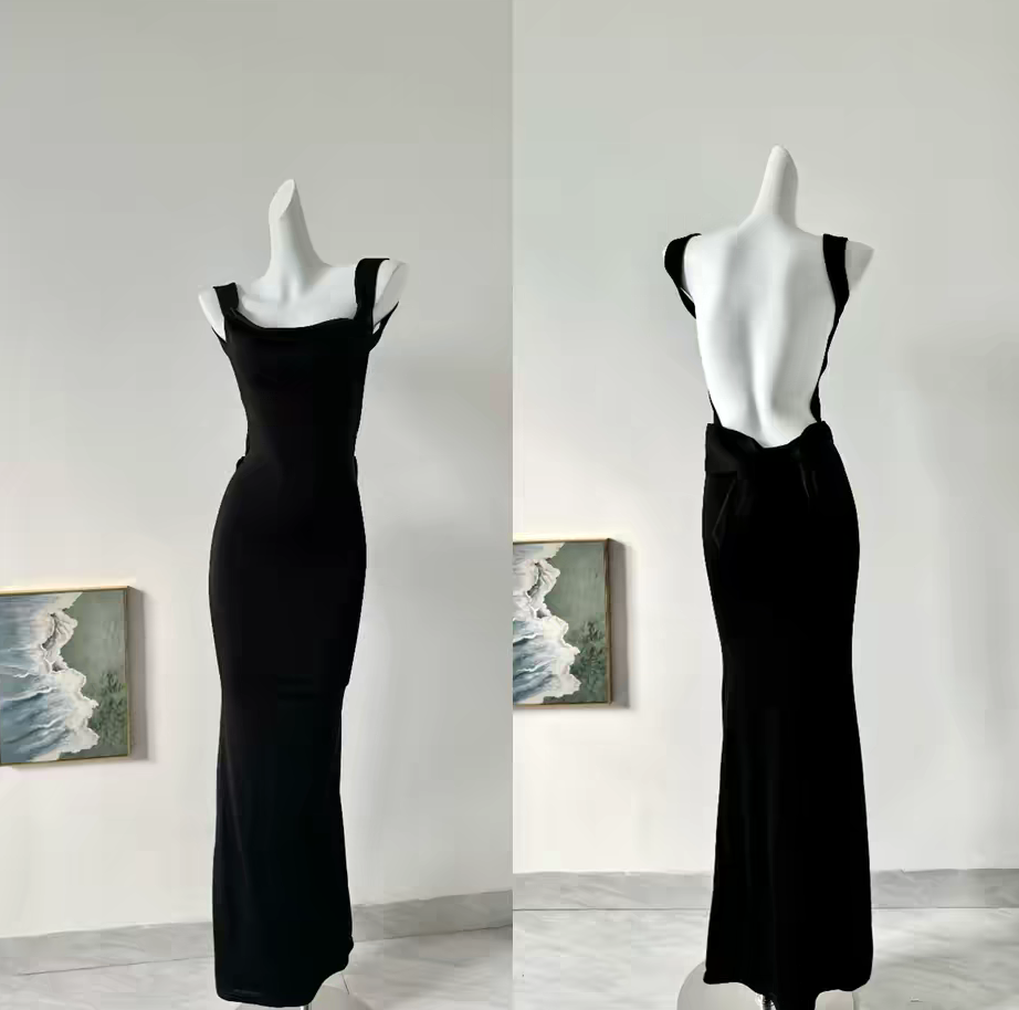 Sleek Black Straps Cowl Neck Open Back Waist Bow Mermaid Long Prom Dress AD999