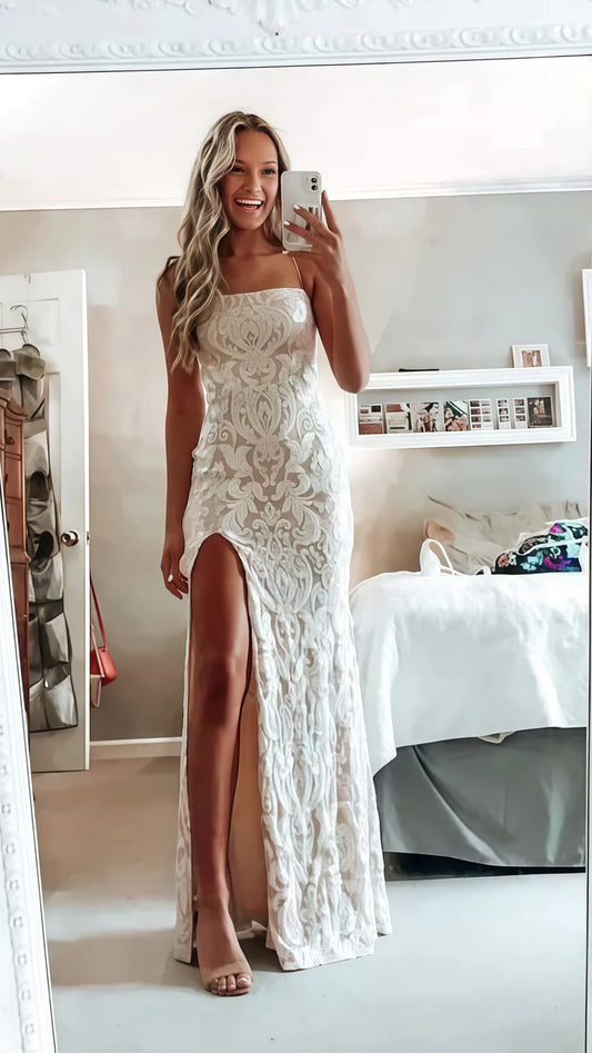Elegant Ivory Spaghetti Straps Lace Long Mermaid Wedding Dress With High Slit AE003