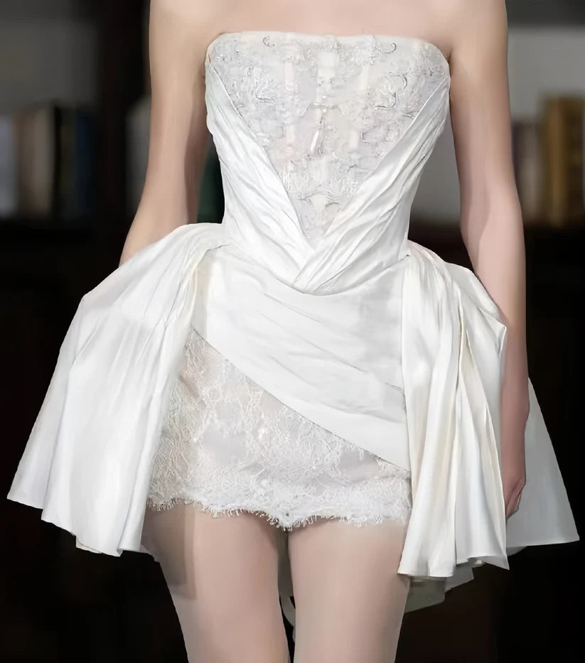Opulent Ivory Strapless Corset Short Bodycon Wedding Dress With Satin Draping & Lace Underlayer AE007