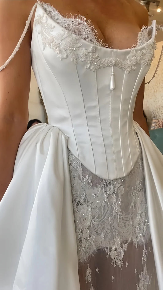 Opulent White Off-The-Shoulder Beaded Corset Mermaid Wedding Dress With Lace Underlayer And Satin Ball Gown Overlay AE008