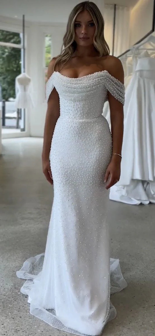 Opulent White Off-The-Shoulder Pearl Beaded Mermaid Long Wedding Dress AE011