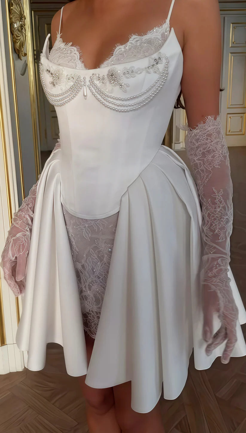 Opulent White Spaghetti Straps Satin Corset Short A Line Short Wedding Dress With Lace Trim & Pearl AE012