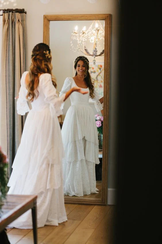Vintage White Square Neck Eyelet Embroidered Long A Line Wedding Dress With Tiered Skirt & Puffed 3/4 Sleeves AE014