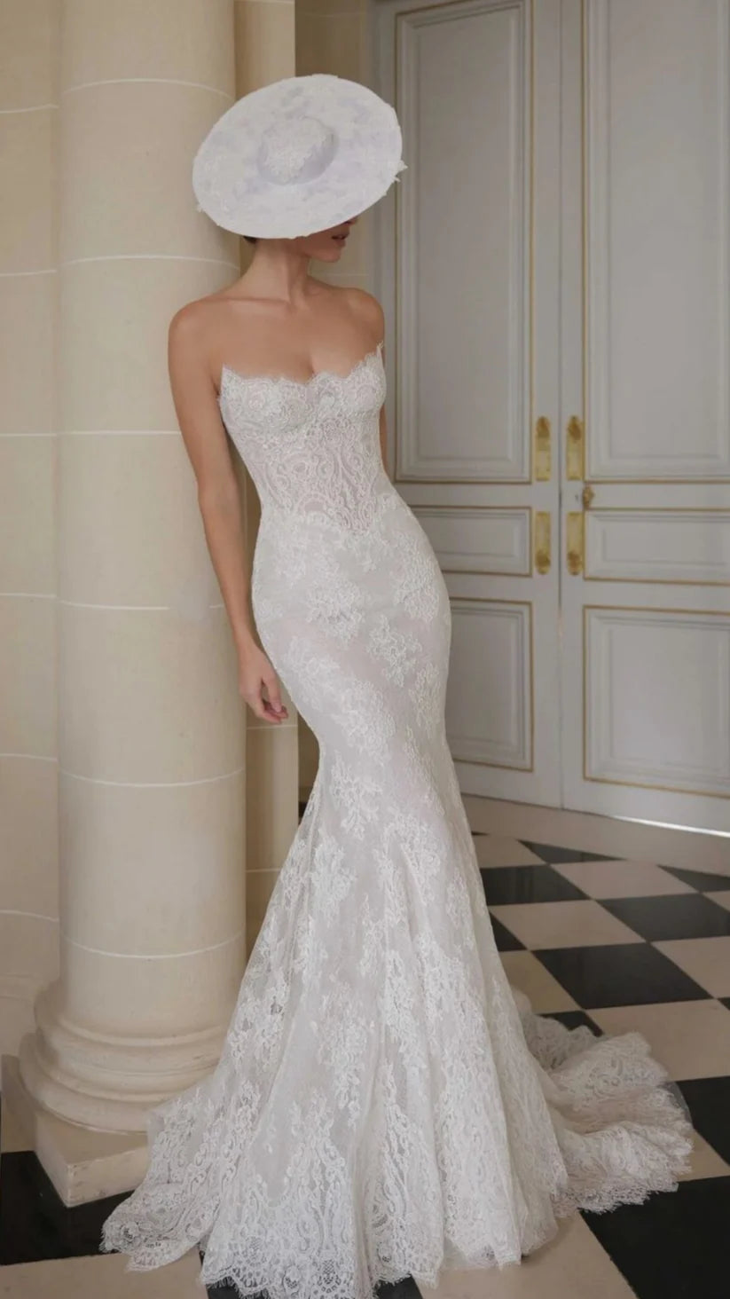 Elegant Ivory Strapless Lace Mermaid Chapel Train Wedding Dress AE020