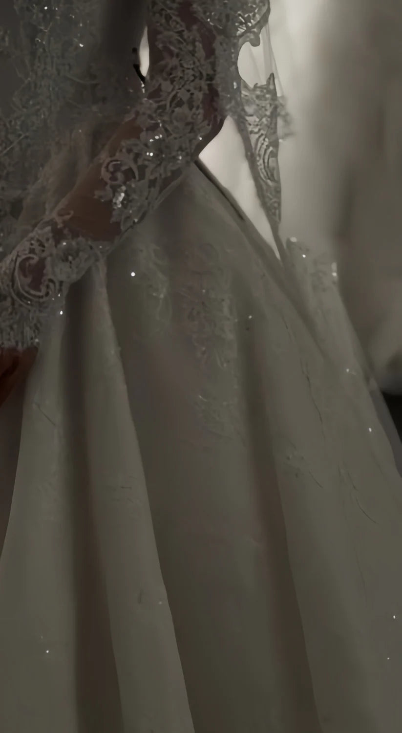 Opulent Ivory Off-The-Shoulder Beaded Lace A Line Wedding Dress With Long Lace Sleeves & Cathedral Train AE021