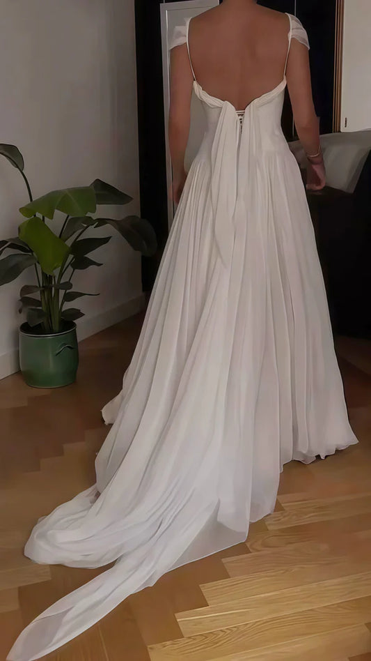 Ethereal White Pleated Chiffon V-Neck Cap Sleeves A-Line Wedding Dress With Chapel Train AE028
