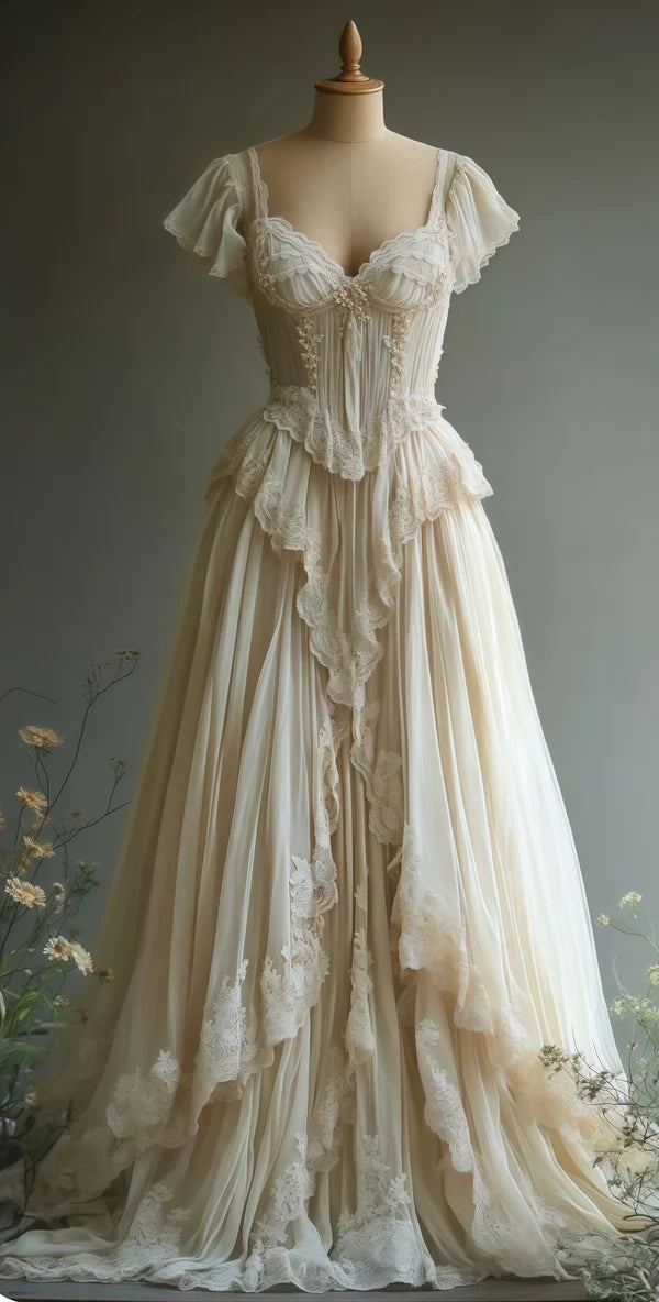 Vintage Ivory Sweetheart Neck Cap Sleeves Lace Tulle Ruffles A Line Wedding Dress With Sweep Train AE029