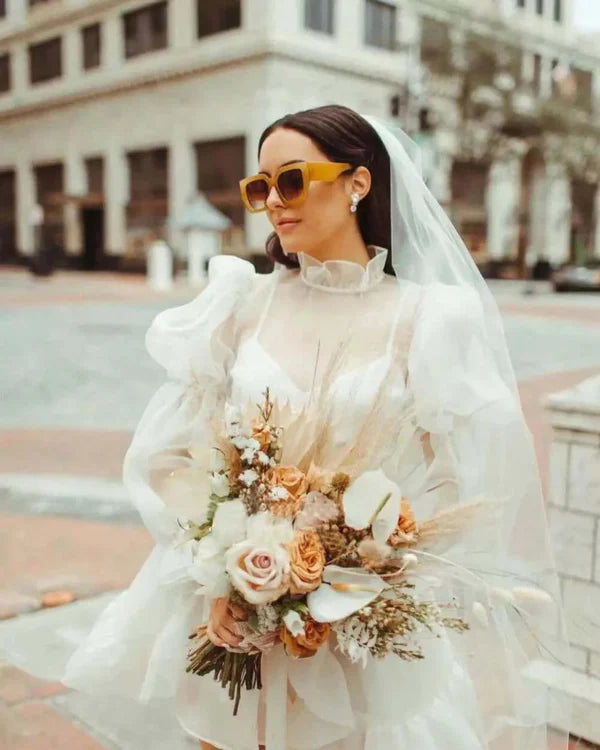 Vintage White High Neck Tulle Illusion Puff Long Sleeves A Line Short Wedding Dress AE033