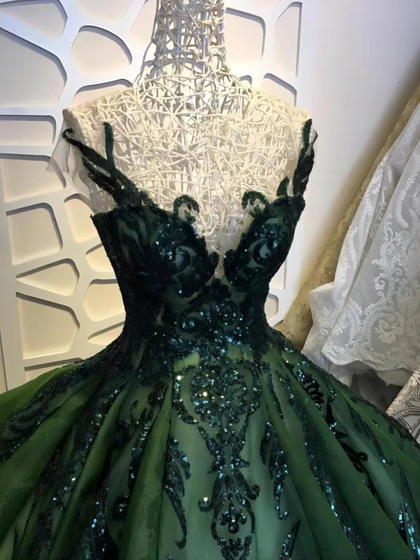 Dramatic Emerald Green Sweetheart Neck A Line Long Glitter-Embellished Lace Sequin Wedding Dress AE034