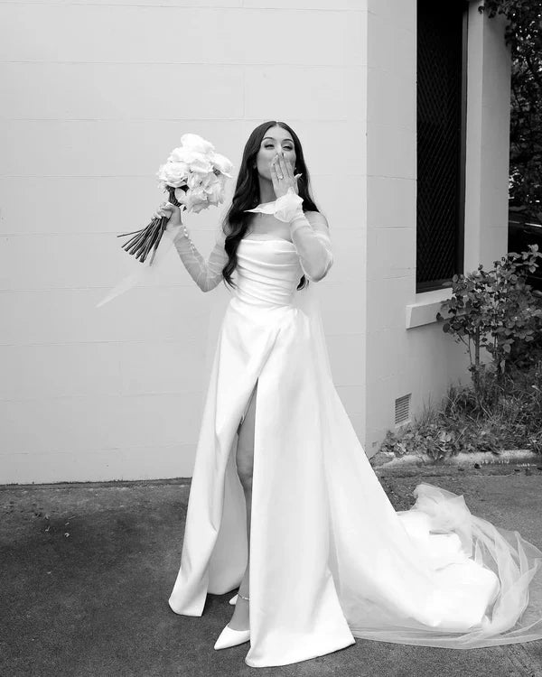 Chic White Strapless A Line Wedding Dress With High Slit,Long Sheer Sleeves & Chapel Train AE038
