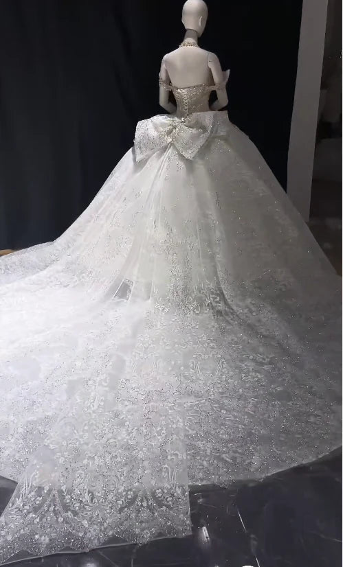 Regal White Off-The-Shoulder Lace Beaded Ball Gown Wedding Dress With Cathedral Train & Big Back Bow AE039