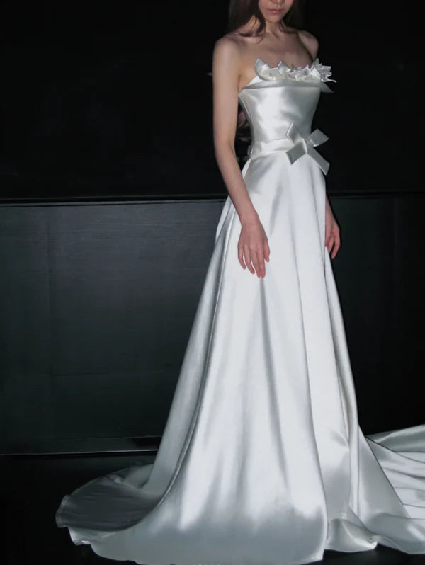 Elegant White Strapless Satin A-Line Wedding Dress With Waist Bow & Sweep Train AE040