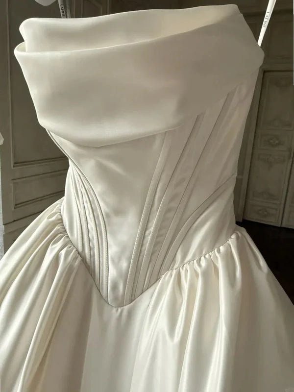 Luxury Ivory Strapless Satin Ball Gown Wedding Dress With Handmade 3D Flower & Cathedral Train AE042