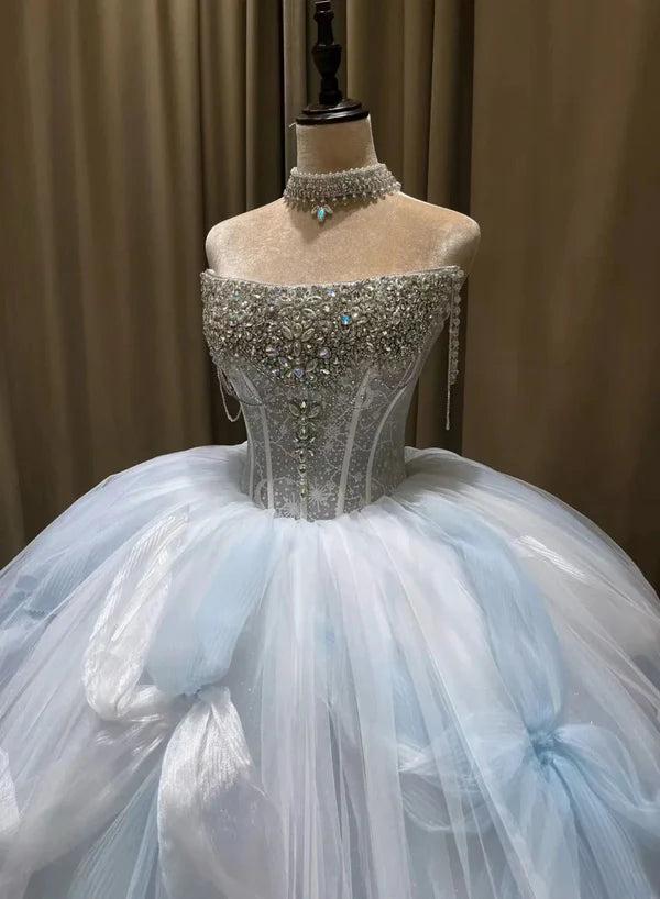 Dreamy Sky Blue Strapless Tulle A-line Long Wedding Dress With Beaded Bodice AE043