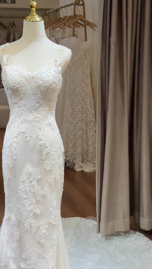 Elegant Ivory Sweetheart Neck Spaghetti Straps Lace Mermaid Wedding Dress With Chapel Train AE045