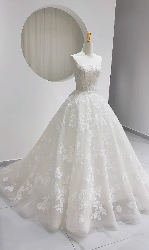 Classic Ivory Strapless Lace Floral Applique A Line Wedding Dress With Chapel Train AE046