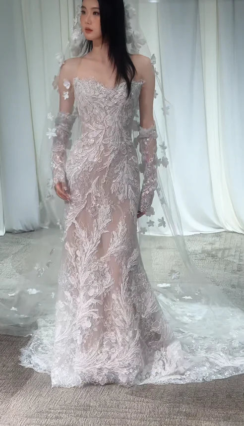 Romantic White Strapless Lace Applique Sheer Mermaid Wedding Dress With Chapel Train & Detachable Gloves AE047