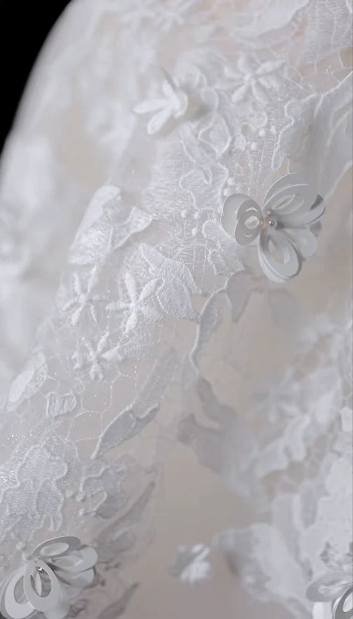 Romantic White Spaghetti Straps A-Line Long Wedding Dress With 3D Floral Lace AE048