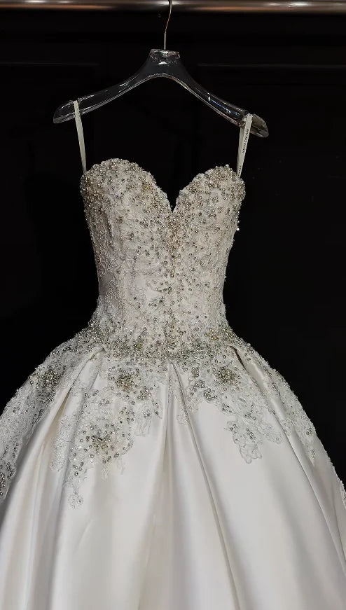 Luxury White Beaded Sweetheart Satin A-Line Long Wedding Dress With Chapel Train AE051