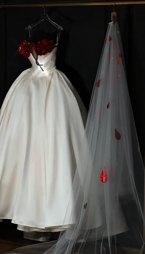 Romantic Red Floral V Neck Ivory Satin A Line Wedding Dress With Sweep Train AE055