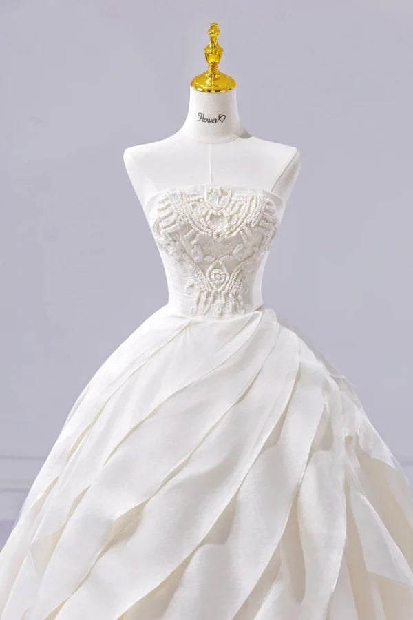 Elegant Ivory Strapless Corded Embroidery A Line Wedding Dress With Chapel Train & Layered Skirt AE053