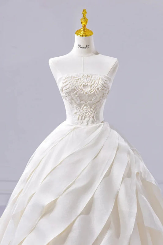 Elegant Ivory Strapless Corded Embroidery A Line Wedding Dress With Chapel Train & Layered Skirt AE053
