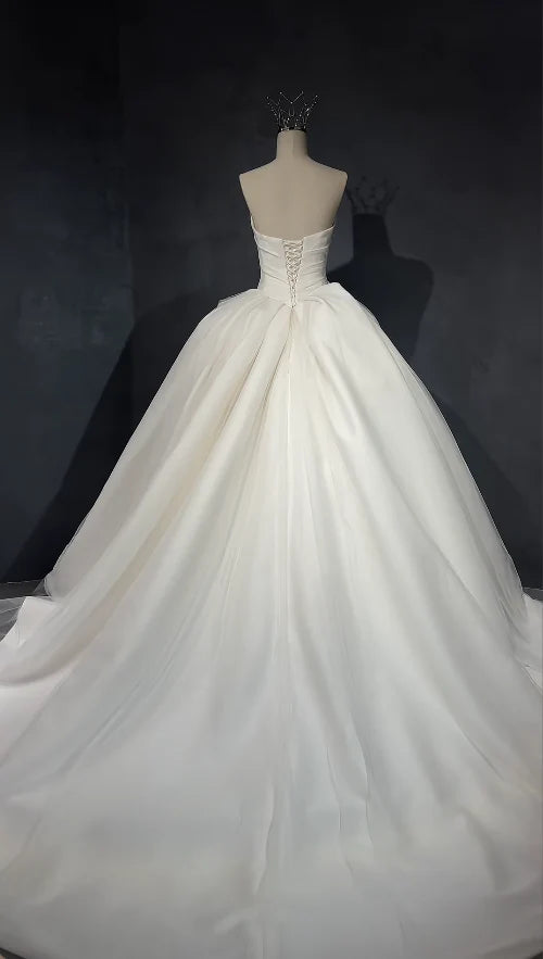 Modern White Strapless Pleated Satin A-Line Wedding Dress With Chapel Train AE054